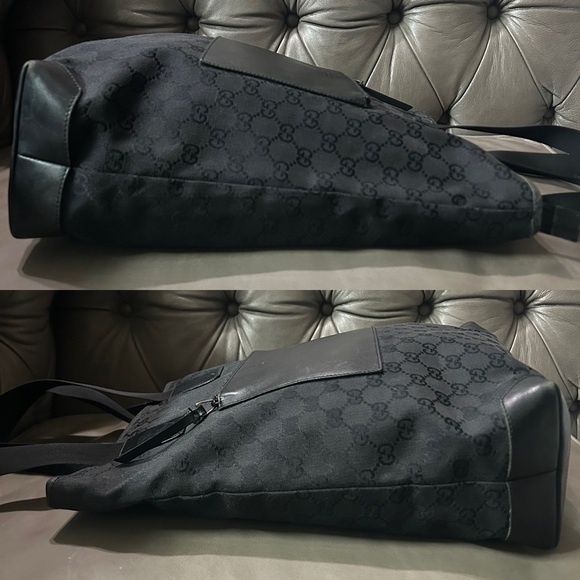 GUCCI GG BLACK Monogram Canvas Bucket Tote Bag Leather Front Pocket - Picture 6 of 17